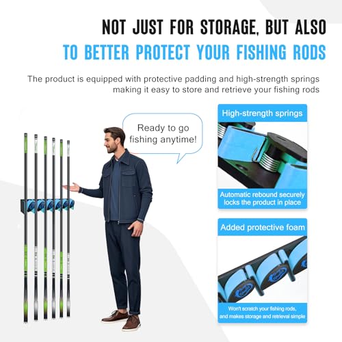 Tcakelox Vertical Fishing Rod Holder, Wall Mounted Fishing Rod Holder, Fishing Pole Rack Holds Up to 6 Rods or Combos, Fishing Rod Holders for Garage, Fits Most Rods of Diameter 3-19mm (1, Blue)