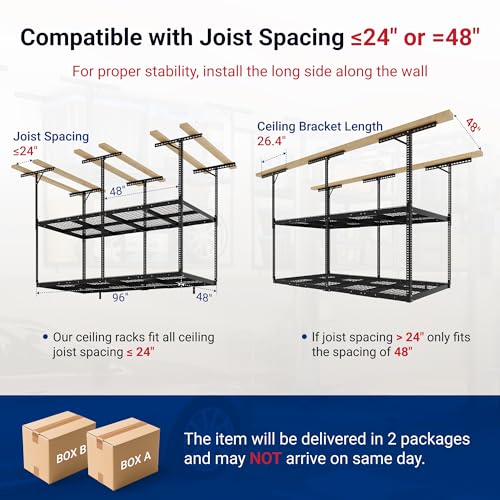 FLEXIMOUNTS 4x8 2-Tier Overhead Garage Storage Rack – Adjustable Heavy Duty Metal Garage Ceiling Storage Racks, 1000 lbs Capacity – Garages Organization System for 9–15 ft Tall Garages, Black