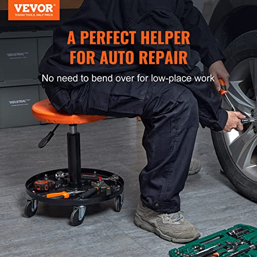 VEVOR Mechanic Stool, 250 LBS Rolling Pneumatic Creeper Garage/Shop Seat, Adjustable Height 16-22 inch in Padded Rolling Workshop Stool with Tool Tray, for Garage, Shop, Auto Repair, Black+Orange