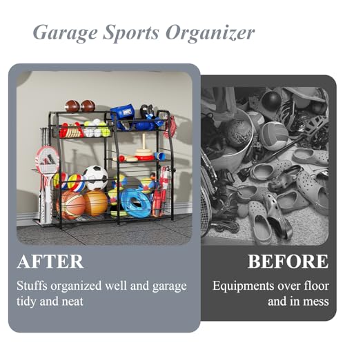LUMAMU Small Garage Organizer - Sports Equipment Organizer Rack, Ball Storage Rack, Garage Organizer System for Sports Gear and Toys, Indoor/Outdoor Ball and Toy storage, Black