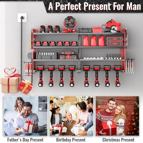 VeyFolzin.st Large Power Tool Organizer Wall Mount with Charging Station, 4 Layer Heavy Duty Metal Cordless Tool Organizer, Tool Storage Rack with 8 Cordless Drill Holder Screwdriver Hammer(Red)