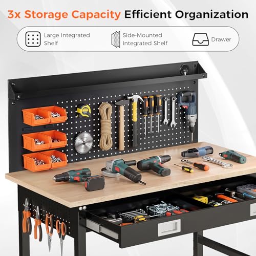 48" Adjustable Work Bench with Drawers, Workbench for Garage with Strip Light, Work Table with Large Pegboard, 2000 LBS Heavy Duty Table with Power Outlet Rubber Wood for Office, Workshop