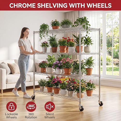 Mapleyard Chrome Storage Shelves with Wheels 55.5" W Garage Shelving Heavy Duty 4 Tier Adjustable Wire Shelving Unit Metal Shelving for Garage Pantry Commercial Basement,55.5" Wx24 Dx76 H