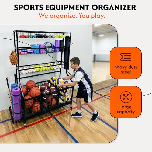 AMPLY Sports Equipment Organizer, Rolling Sports Ball Storage Garage Rack with Large Ball Bins, Side Bat Grid and Multi-Tier Shelves, Steel Rust-Resistant Gear Cart for Families, Schools, Gyms