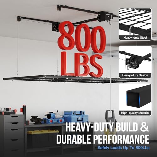 Garvee Overhead Garage Storage Rack Lift, 4x8 ft Ceiling Mounted Storage Racks, 12FT Max Adjustable Height, 800lbs Weight Capacity, Heavy-Duty Metal Ceiling Rack for Organization