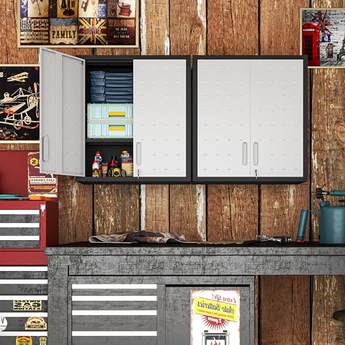 BIZOEIRON Garage Wall Mounted Storage Cabinet with Doors and Shelves, Lockable Metal Wall Cabinet, Hanging Tool Cabinet for Garage Utility Room (Black & Grey)