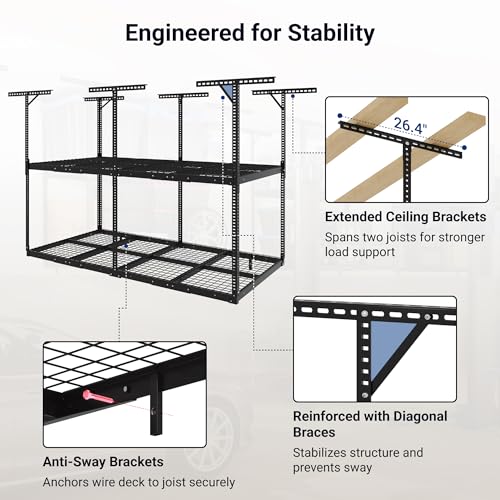 FLEXIMOUNTS 4x8 2-Tier Overhead Garage Storage Rack – Adjustable Heavy Duty Metal Garage Ceiling Storage Racks, 1000 lbs Capacity – Garages Organization System for 9–15 ft Tall Garages, Black