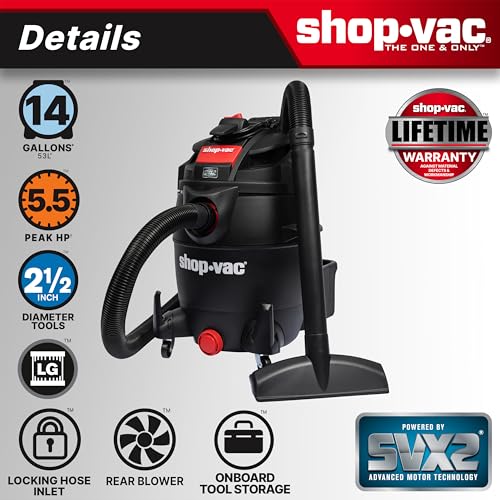 Shop-Vac 5801411 14-Gallon Wet/Dry Shop Vacuum, 5.5 Peak HP, 2.5 Inch Diameter x 7 Foot Hose, 20 Foot Cord, Ideal for Home, Garage, and Workshop Cleaning