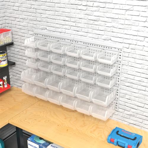 RIVTUN Transparent Garage Organizer Bins, 30PCS Wall Mounted Storage Small Parts Bins With White Pegboard to Store Nuts,Bolts, Screws, Nails