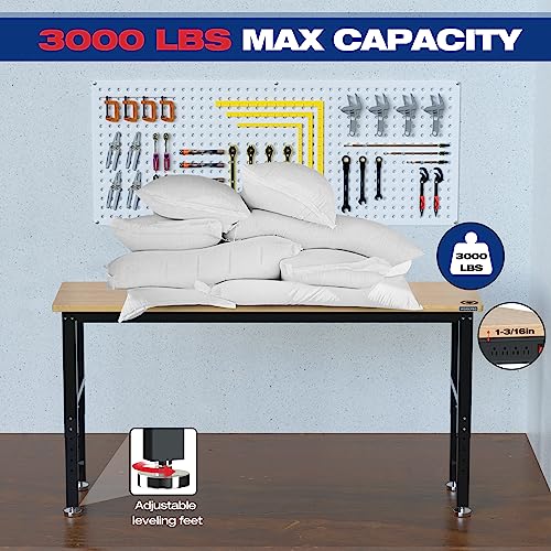 WORKPRO 72" Adjustable Workbench, 3000 LBS Load Capacity Hardwood Garage Workbench with Power Outlets, Rubberwood Top Heavy-Duty Workstation for Workshop, Garage, Home
