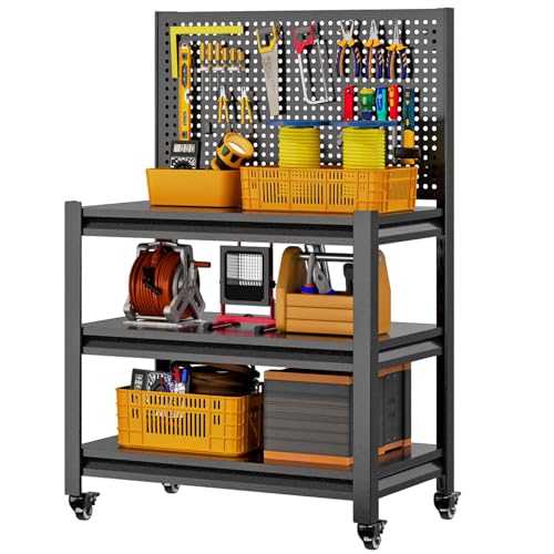 Jaqiumn Workbench with Pegboard, Adjustable Shelving Work Table, Mobile Workstation with Lockable Wheels for Garage Warehouse Workshop Office, 47.2" H x 33.5" W x 18" D, Black