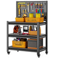 Jaqiumn Workbench with Pegboard, Adjustable Shelving Work Table, Mobile Workstation with Lockable Wheels for Garage Warehouse Workshop Office, 47.2" H x 33.5" W x 18" D, Black