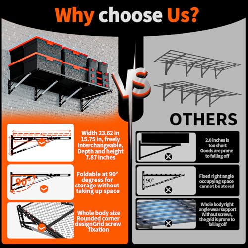 Lamorland Heavy Duty Foldable Garage Storage Shelves Wall Mounted Metal Rack Unit Organizer with Removable Edge Barriers, Adjustable System for Corner Wall Use, 52.76 Inch Long 24.45 Inch Large