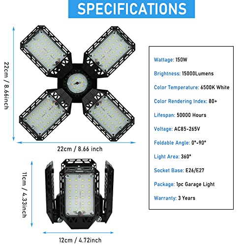 QiyuanLS LED Garage Light,150W Deformable Garage Ceiling Lights,15000LM, 4 Adjustable Panels, E26/E27 Shop Lights for Basement, Barn, Workshop,High Bay Light