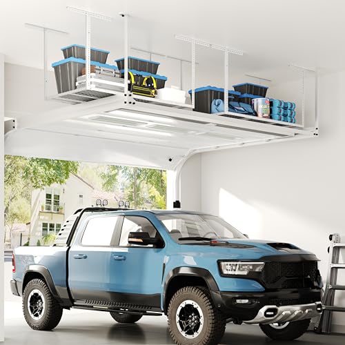 FLEXIMOUNTS 3x6 Overhead Garage Storage Adjustable Ceiling Rack 72" Length x 36" Width x 40" Height, 450lbs Weight Capacity, White, Classic Series