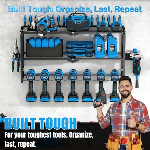 SecureElastic Heavy Duty Power Tool Organizer Wall Mount - 3 Tier Metal Tool Rack with 7 Drill Holders, 300LB Capacity for Garage, Workshop, Pegboard Storage