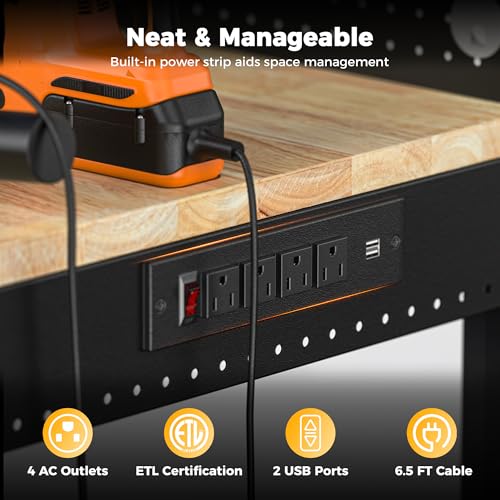 CAMMOO 48" Heavy Duty Work Bench Adjustable Height Max Load 2000 LBS with Storage Shelf for Garage Workbench, Rubberwood Tabletop with Pegboard, LED Light, Built-in Power Strip for Woodworking Shop