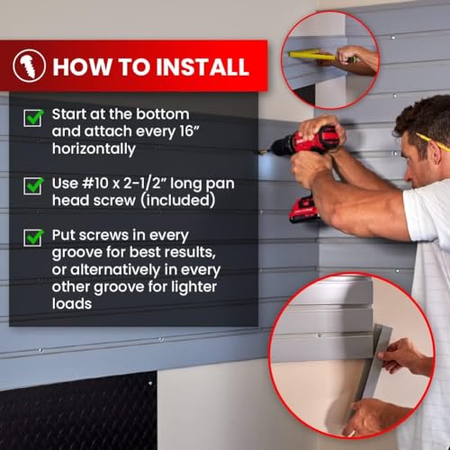 Heavy Duty 8x4 PVC Garage SlatWall Storage System (with Endcaps & Screws) - Modular Slat Wall Paneling for Garage Wall Organizer - Interlocking SlatWall Panels for Home & Commercial Use (White)