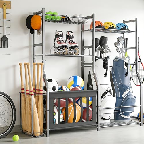 TORACK Golf Bags Stand with Ball Storage, Large Capacity Garage Sports Equipment Organizer, Indoor Toys Storage