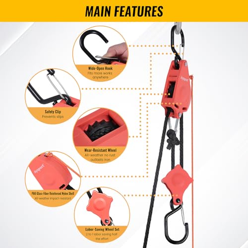 Ayaport Self Locking Block and Tackle Pulley System with 36' x 3/8" Rope, Hoist Limit 70LBS, Tie Down Limit 350LBS Rope Hoist Hanger for Bike, Kayak, Deer Hunting Garage Storage Gear,1 Pack