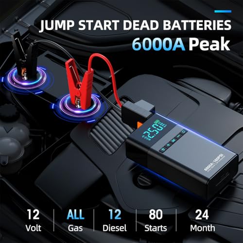 CZKBG 10-in-1 Portable Car Battery Jump Starter with Air Compressor, 6000A 160PSI Portable Car Jumper Starter (All Gas 12L Diesel), 12V Jump Box Car Battery Jump Starter with Jumper Cables, Lights