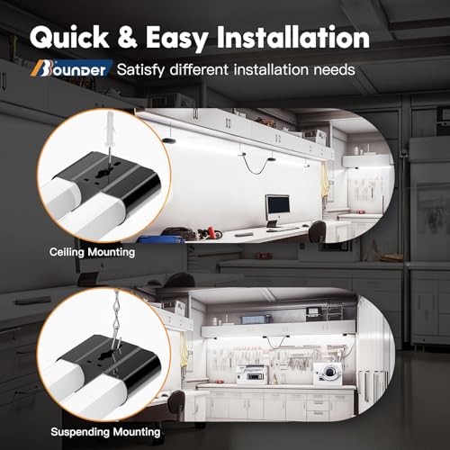 BBOUNDER 4 Pack Linkable LED Utility Shop Light, 4400 LM, Super Bright 6500K Cool Daylight, 4 FT Integrated Fixture for Garage, 40W Equivalent 250W, Surface + Suspension Mount, Black