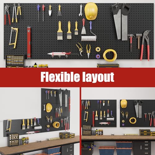 7S garage Peg Board 8 Pack Metal Pegboard Panels with 50 Hooks, Heavy Duty Pegboard Wall Organizer, Black Pegboards for Workbench, Garage Tool Storage, Office Organization, Kitchen, Craft Room