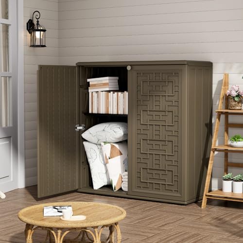 ZZM HDPE Outdoor Storage Shed, Outdoor Plastic Storage Cabinet, Horizontal Resin Tool Shed for Garden, All Weather Outdoor Storage Clearance, DIY Usage, with one Shelf (Coffee)