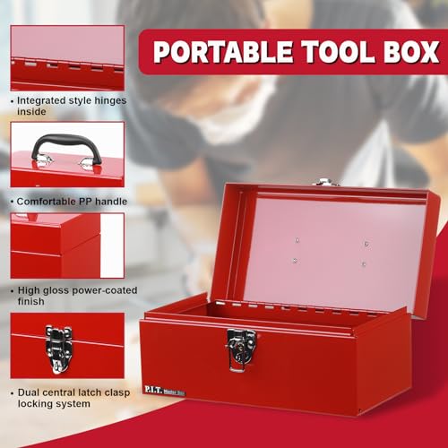 P.I.T. 12 Inch Tool Box,Portable Small Steel ToolBox with Metal Latch Closure for Household, Warehouse,Tools Storage,Red