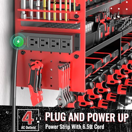 VeyFolzin.st Large Power Tool Organizer Wall Mount with Charging Station, 4 Layer Heavy Duty Metal Cordless Tool Organizer, Tool Storage Rack with 8 Cordless Drill Holder Screwdriver Hammer(Red)