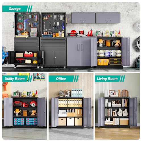 SISESOL Metal Storage Cabinet with Doors and Shelves,Garage Storage Cabinet with Lock,Black Grey Metal Cabinets with Locking Doors,Steel Cupboard for Home,Office,Garage Cabinets 36" H