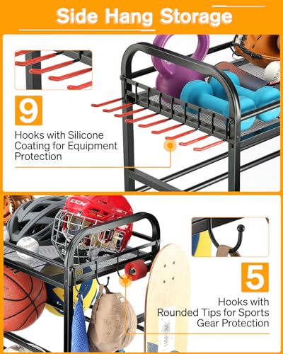 EXTCCT Garage Sports Equipment Organizer - Rolling Ball Storage Bin with Wheels, Garage Sports Gear Rack Outdoor Basketball Racks for Balls with Baseball Bat Holder and Hooks, Toy Organizer