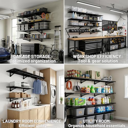 ZONEGRACE 2-Pack 1.5x4ft Garage Shelving Wall Mounted, 500 Lbs Heavy Duty Wall Shelves, Flat Metal Shelf Wall Mount For Garage Storage Wall With Complete Install Kit & Hooks, Black