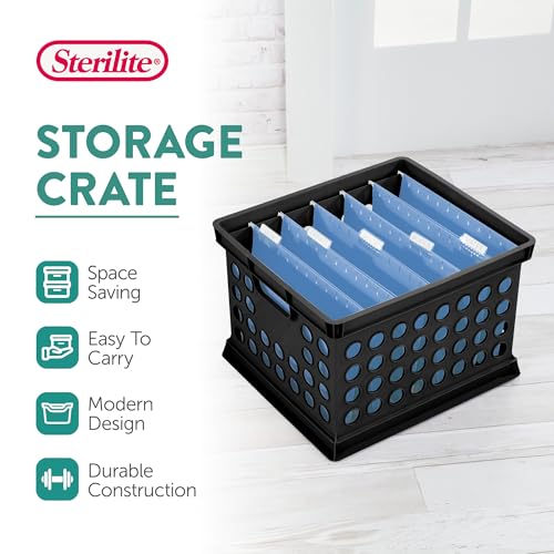 Sterilite Stackable Plastic Storage Crate Bin Organizer File Box with Handles for Home, Office, Dorm, Garage, or Utility Organization, Black, 12-Pack