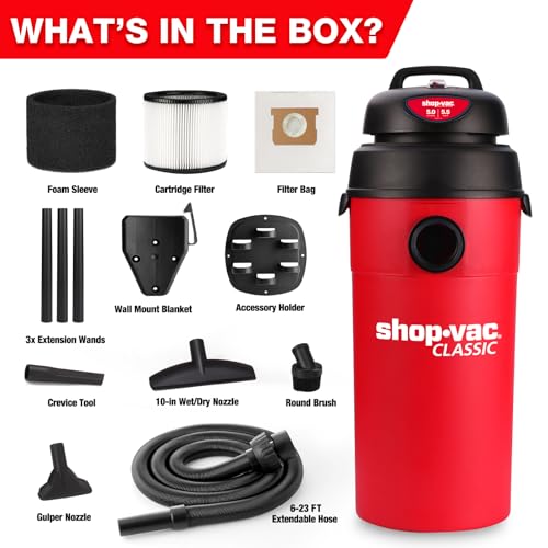 Shop-Vac 5 Gallon 5.5 Peak HP Wet/Dry Vacuum, Wall Mountable Compact Shop Vacuum with 18+7Ft Long Hose & Attachments, Ideal for Jobsite, Garage, Car & Workshop. 9522236