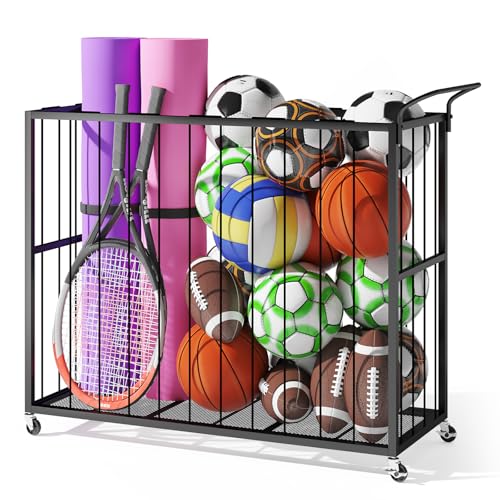 Homsorout Ball Storage Bin Rolling Sports Ball Cart, Metal Garage Organizer Sport Rack, Ball Basket Storage, Ball Cage for Garage or Gym, Indoor & Outdoor Sports Equipment Organizer（Black）