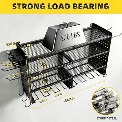 Power Tool Organizer Wall Mount, 4 Tier Heavy Duty Tool Storage Rack, 400 LBS Capacity with Drill Tools Holder & Hooks, Tool Organizers and Storage for Garage, Warehouse, Workshop, Gifts for Men