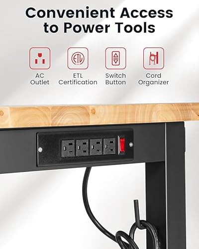 ENJOYWOOD 48" x 20" Adjustable Height Workbench Heavy Duty Rubberwood Work Table with Pegboard & Power Outlets for Garage, Workshop, Home & Office