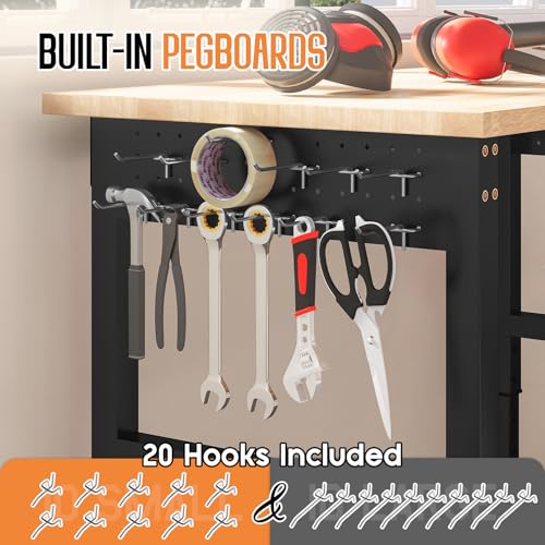 Albott 48" Adjustable 2-Tier Workbench with Solid Wood Top, Max 2500lbs Capacity, Built-in Power Strip with 4 AC Outlets & 2 USB Ports, Pegboard & 20 Hooks, Shop Garage Office