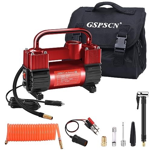 GSPSCN 6X Faster Inflation Tire Inflator Heavy Duty Double Cylinders with Portable Bag- Car Accessories，Metal 12V Air Compressor Pump 150PSI with Adapter for Car, Truck, SUV Tires, Dinghy, Air Bed