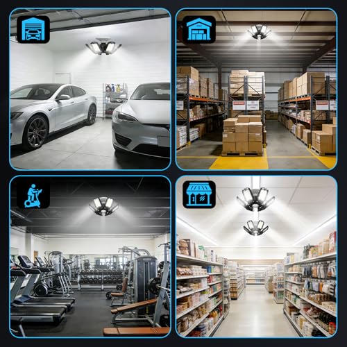 SYDHTF LED Garage Lights 2 Pack, 18000LM 180W Deformable Shop Light with 6+1 Adjustable Panels, 6500K Daylight White Ceiling Light for E26 Base, Ideal for Garage/Basement/Barn