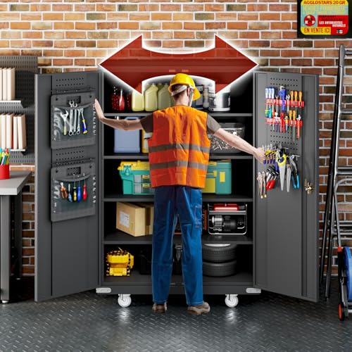 DIYTUNINGS 72" H Wide & Deep Garage Storage Cabinet 750 LBS Capacity Metal Rolling Tool Cabinet with Wheels, Pegboards, Locking Doors and Adjustable Shelves, 43''W x 22''D x 72''H