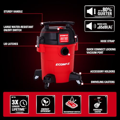 ECOMAX Ultra Quiet Wet Dry Shop Vacuum, 6 Gallon 4 HP Shop Vac, 80% Less Noise, 3X Longer Motor Lifespan, Powerful Portable Vacuum Cleaner for Garage, Jobsite, Workshop (6 Gallon)