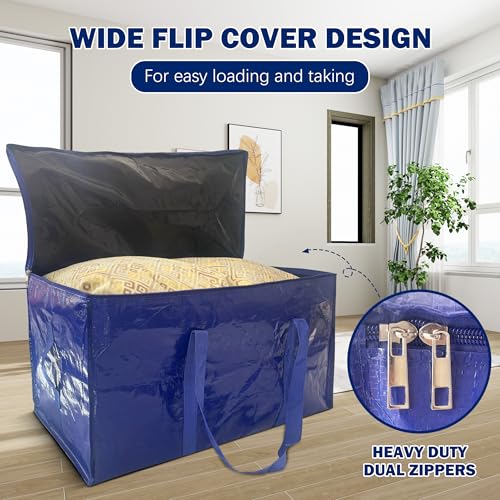 8 Pack Extra Heavy Duty Large Moving Bags with Strong Zipper & Carrying Handles, Sturdy Clothes Storage Bags Totes Bins, Packing Bag Move Boxes College Moving Supplies, Dark Blue - 24 gal