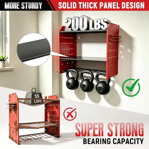 YKNIUNIU Power Tool Organizer Wall Mount, Garage Drill Storage Shelf with Hooks, Heavy Duty Metal Premium Garage Tool Shelf,Cordless Tool Storage Rack for Garage, Tool Room,Red