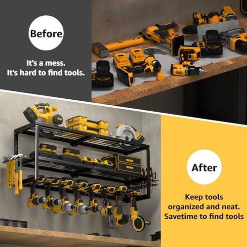 YYR Heavy Duty Power Tool Organizer Wall Mount, Cordless Drill Hanger Storage Rack, Battery Tools Holder with Charging Station Shelf for Garage Organization, Workshop, Pegboard, Shed - 32 Inch 8 Slots