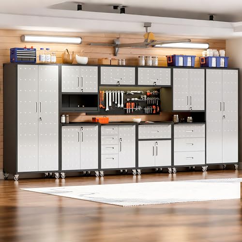 VIYET 10-Piece Heavy Duty Steel Garage Cabinet System | All-in-One Modular Garage Cabinet Set for Ultimate Workshop Organization | Easy Assembly Garage Storage Cabinets & Tool Bench