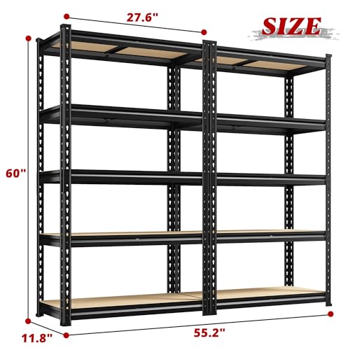 REIBII Set of 2 Storage Shelves 5 Tier Garage Shelving Heavy Duty Metal Shelving 2000LBS Garage Shelves Adjustable Metal Shelf for Kitchen Warehouse Pantry Commercial Use 27.6" Wx11.8 Dx60 H