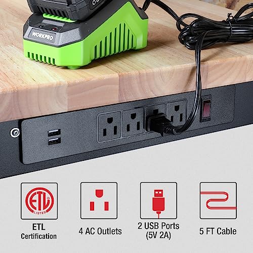 WORKPRO 72" Adjustable Workbench, 3000 LBS Load Capacity Hardwood Garage Workbench with Power Outlets, Rubberwood Top Heavy-Duty Workstation for Workshop, Garage, Home