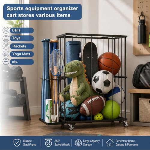 Ball Storage Rack with Wheels, Rolling Ball Organizer for Garage with Side Bat Holder, Basketball Holder for Soccer and Football Sports Equipment Organizer Toy Storage for Gym Playroom,Black